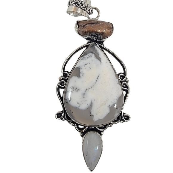 Handmade Silver Pendant with Dendritic Opal, Moonstone & Freshwater Pearl - Picture 1 of 10